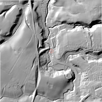 Shaded relief map of the ground around ST87SE, computed from Environment Agency LiDAR. The ground here sits at about 132 m above sea level and falls 45 m across the surrounding 800 m. Surface water reaching this point runs off ground lying to the east-north-east, 37.0 m higher.
