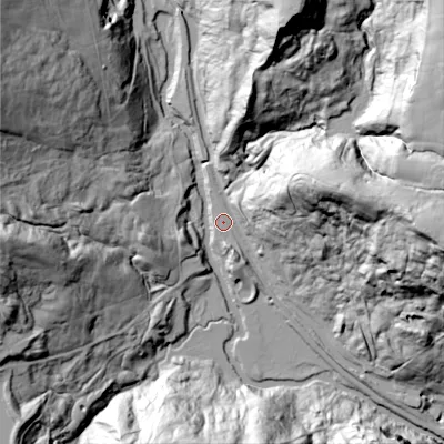 Shaded relief map of the ground around ST90AJ, computed from Environment Agency LiDAR. The ground here sits at about 133 m above sea level and falls 75 m across the surrounding 800 m. Surface water reaching this point runs off ground lying to the east, 67.3 m higher.