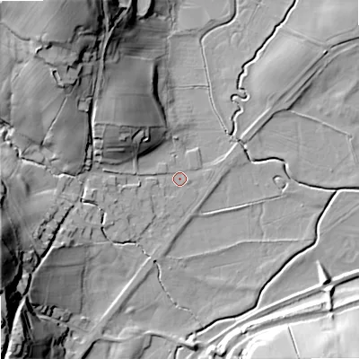 Shaded relief map of the ground around ST99AZ, computed from Environment Agency LiDAR. The ground here sits at about 144 m above sea level and falls 42 m across the surrounding 800 m. Surface water reaching this point runs off ground lying to the north-west, 36.9 m higher.