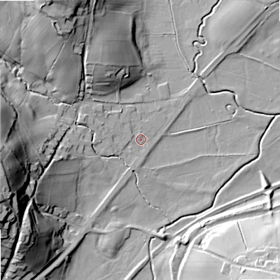 Shaded relief map of the ground around ST99BA, computed from Environment Agency LiDAR. The ground here sits at about 145 m above sea level and falls 49 m across the surrounding 800 m. Surface water reaching this point runs off ground lying to the west-south-west, 43.5 m higher.
