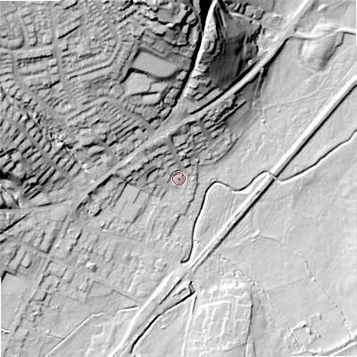 Shaded relief map of the ground around ST99BG, computed from Environment Agency LiDAR. The ground here sits at about 147 m above sea level and falls 50 m across the surrounding 800 m. Surface water reaching this point runs off ground lying to the north, 44.2 m higher.