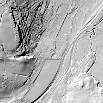 Shaded relief map of the ground around ST99DH, computed from Environment Agency LiDAR. The ground here sits at about 151 m above sea level and falls 58 m across the surrounding 800 m. Surface water reaching this point runs off ground lying to the south-south-west, 2.4 m higher.