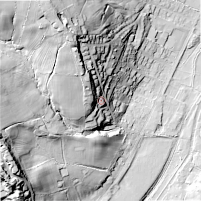 Shaded relief map of the ground around ST99DQ, computed from Environment Agency LiDAR. The ground here sits at about 171 m above sea level and falls 61 m across the surrounding 800 m. Surface water reaching this point runs off ground lying to the north-north-west, 34.9 m higher.