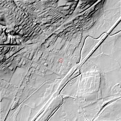 Shaded relief map of the ground around ST99DR, computed from Environment Agency LiDAR. The ground here sits at about 146 m above sea level and falls 39 m across the surrounding 800 m. Surface water reaching this point runs off ground lying to the west-north-west, 13.5 m higher.