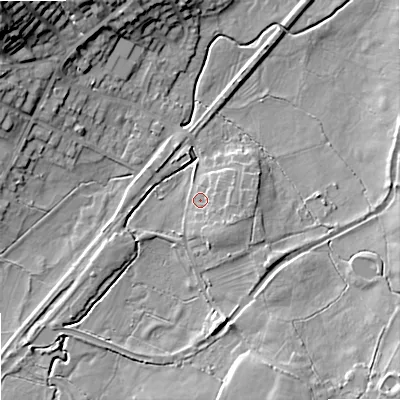 Shaded relief map of the ground around ST99DT, computed from Environment Agency LiDAR. The ground here sits at about 147 m above sea level and falls 25 m across the surrounding 800 m. Surface water reaching this point runs off ground lying to the east-south-east, 3.4 m higher.