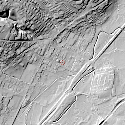 Shaded relief map of the ground around ST99DX, computed from Environment Agency LiDAR. The ground here sits at about 147 m above sea level and falls 40 m across the surrounding 800 m. Surface water reaching this point runs off ground lying to the north-west, 5.1 m higher.