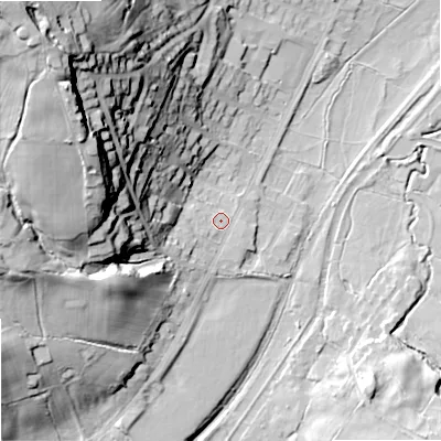 Shaded relief map of the ground around ST99EJ, computed from Environment Agency LiDAR. The ground here sits at about 151 m above sea level and falls 60 m across the surrounding 800 m. Surface water reaching this point runs off ground lying to the west-south-west, 4.1 m higher.