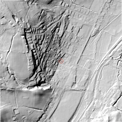 Shaded relief map of the ground around ST99EL, computed from Environment Agency LiDAR. The ground here sits at about 150 m above sea level and falls 61 m across the surrounding 800 m. Surface water reaching this point runs off ground lying to the north-west, 51.0 m higher.