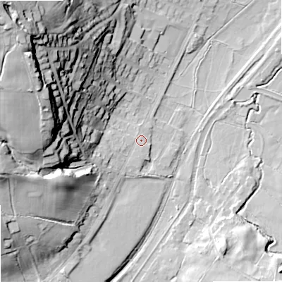 Shaded relief map of the ground around ST99EW, computed from Environment Agency LiDAR. The ground here sits at about 150 m above sea level and falls 60 m across the surrounding 800 m. Surface water reaching this point runs off ground lying to the west-south-west, 4.9 m higher.