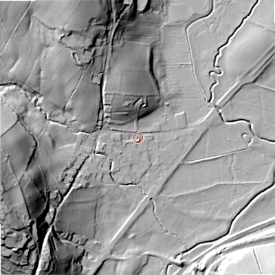 Shaded relief map of the ground around ST99EX, computed from Environment Agency LiDAR. The ground here sits at about 146 m above sea level and falls 54 m across the surrounding 800 m. Surface water reaching this point runs off ground lying to the north-north-west, 35.2 m higher.