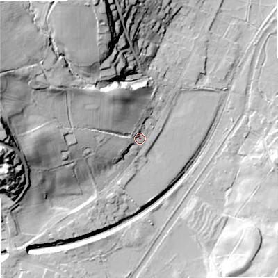 Shaded relief map of the ground around ST99NJ, computed from Environment Agency LiDAR. The ground here sits at about 154 m above sea level and falls 48 m across the surrounding 800 m. Surface water reaching this point runs off ground lying to the west, 36.7 m higher.