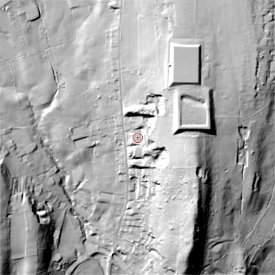 Shaded relief map of the ground around ST99QD, computed from Environment Agency LiDAR. The ground here sits at about 188 m above sea level and falls 86 m across the surrounding 800 m. Surface water reaching this point runs off ground lying to the east, 36.8 m higher.