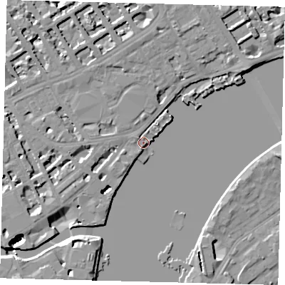 Shaded relief map of the ground around SW100DG, computed from Environment Agency LiDAR. The ground here sits at about 5 m above sea level and falls 45 m across the surrounding 800 m. Surface water reaching this point runs off ground lying to the south-south-west, 44.5 m higher.