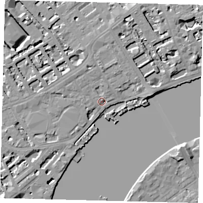Shaded relief map of the ground around SW100DJ, computed from Environment Agency LiDAR. The ground here sits at about 6 m above sea level and falls 45 m across the surrounding 800 m. Surface water reaching this point runs off ground lying to the north, 4.4 m higher.