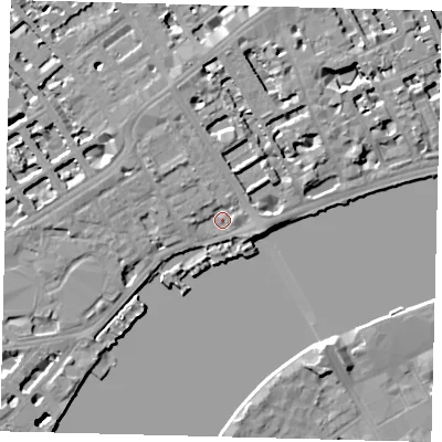 Shaded relief map of the ground around SW100DQ, computed from Environment Agency LiDAR. The ground here sits at about 5 m above sea level and falls 45 m across the surrounding 800 m. Surface water reaching this point runs off ground lying to the north-north-west, 3.3 m higher.