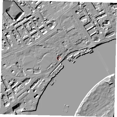 Shaded relief map of the ground around SW100ES, computed from Environment Agency LiDAR. The ground here sits at about 3 m above sea level and falls 45 m across the surrounding 800 m. Surface water reaching this point runs off ground lying to the north-west, 3.6 m higher.