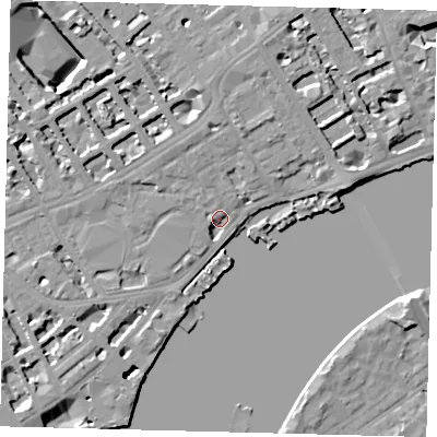 Shaded relief map of the ground around SW100ET, computed from Environment Agency LiDAR. The ground here sits at about 5 m above sea level and falls 45 m across the surrounding 800 m. Surface water reaching this point runs off ground lying to the west, 2.9 m higher.