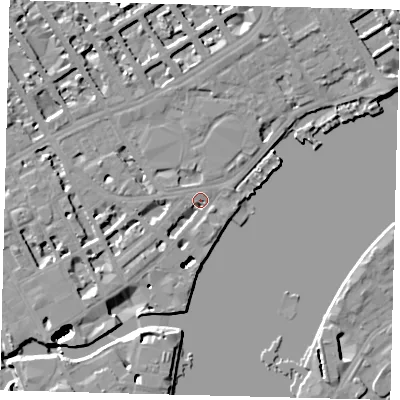 Shaded relief map of the ground around SW100NA, computed from Environment Agency LiDAR. The ground here sits at about 5 m above sea level and falls 45 m across the surrounding 800 m. Surface water reaching this point runs off ground lying to the west, 3.6 m higher.