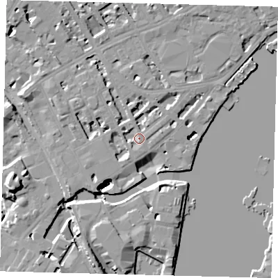 Shaded relief map of the ground around SW100PZ, computed from Environment Agency LiDAR. The ground here sits at about 6 m above sea level and falls 48 m across the surrounding 800 m. Surface water reaching this point runs off ground lying to the south-south-west, 2.3 m higher.