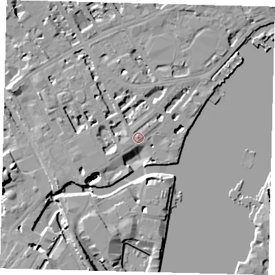 Shaded relief map of the ground around SW100QD, computed from Environment Agency LiDAR. The ground here sits at about 6 m above sea level and falls 48 m across the surrounding 800 m. Surface water reaching this point runs off ground lying to the west-south-west, 1.4 m higher.