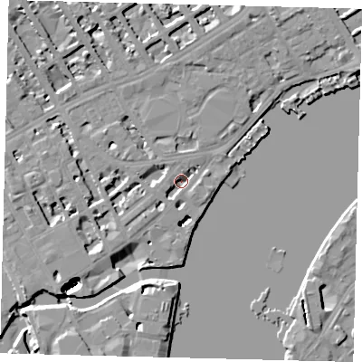 Shaded relief map of the ground around SW100QF, computed from Environment Agency LiDAR. The ground here sits at about 4 m above sea level and falls 46 m across the surrounding 800 m. Surface water reaching this point runs off ground lying to the west, 3.6 m higher.