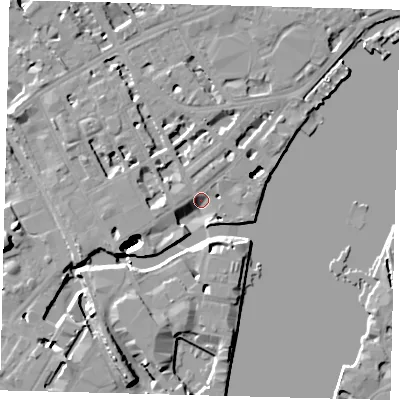 Shaded relief map of the ground around SW100QH, computed from Environment Agency LiDAR. The ground here sits at about 4 m above sea level and falls 48 m across the surrounding 800 m. Surface water reaching this point runs off ground lying to the west-south-west, 4.7 m higher.