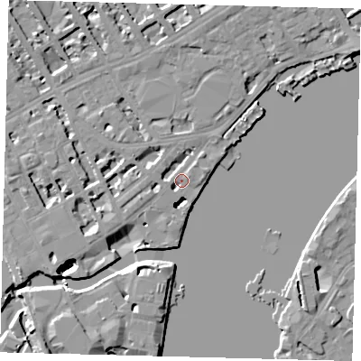 Shaded relief map of the ground around SW100QJ, computed from Environment Agency LiDAR. The ground here sits at about 5 m above sea level and falls 46 m across the surrounding 800 m. Surface water reaching this point runs off ground lying to the west-south-west, 3.0 m higher.