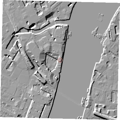 Shaded relief map of the ground around SW100UY, computed from Environment Agency LiDAR. The ground here sits at about 7 m above sea level and falls 48 m across the surrounding 800 m. Surface water reaching this point runs off ground lying to the west, 6.7 m higher.