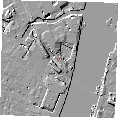 Shaded relief map of the ground around SW100XD, computed from Environment Agency LiDAR. The ground here sits at about 8 m above sea level and falls 21 m across the surrounding 800 m. Surface water reaching this point runs off ground lying to the south-south-east, 5.4 m higher.