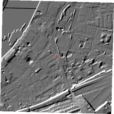 Shaded relief map of the ground around SW112AS, computed from Environment Agency LiDAR. The ground here sits at about 5 m above sea level and falls 54 m across the surrounding 800 m. Surface water reaching this point runs off ground lying to the north-west, 1.3 m higher.