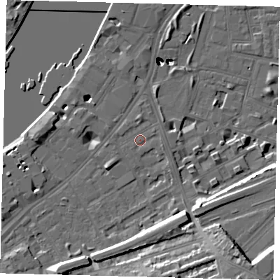 Shaded relief map of the ground around SW112AT, computed from Environment Agency LiDAR. The ground here sits at about 5 m above sea level and falls 54 m across the surrounding 800 m. Surface water reaching this point runs off ground lying to the east-south-east, 1.1 m higher.