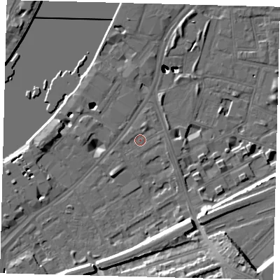 Shaded relief map of the ground around SW112AU, computed from Environment Agency LiDAR. The ground here sits at about 5 m above sea level and falls 54 m across the surrounding 800 m. Surface water reaching this point runs off ground lying to the north-north-east, 1.2 m higher.