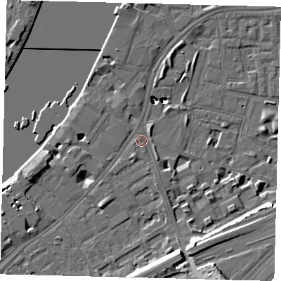 Shaded relief map of the ground around SW112AX, computed from Environment Agency LiDAR. The ground here sits at about 5 m above sea level and falls 51 m across the surrounding 800 m. Surface water reaching this point runs off ground lying to the south-south-west, 1.9 m higher.