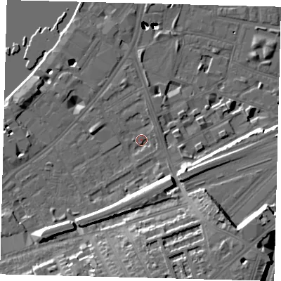 Shaded relief map of the ground around SW112AY, computed from Environment Agency LiDAR. The ground here sits at about 5 m above sea level and falls 55 m across the surrounding 800 m. Surface water reaching this point runs off ground lying to the south-south-east, 15.5 m higher.