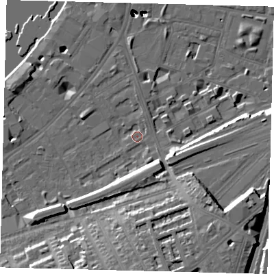 Shaded relief map of the ground around SW112AZ, computed from Environment Agency LiDAR. The ground here sits at about 5 m above sea level and falls 56 m across the surrounding 800 m. Surface water reaching this point runs off ground lying to the south-south-east, 15.8 m higher.