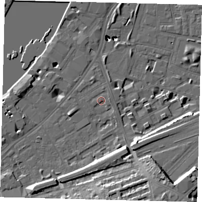 Shaded relief map of the ground around SW112BA, computed from Environment Agency LiDAR. The ground here sits at about 5 m above sea level and falls 54 m across the surrounding 800 m. Surface water reaching this point runs off ground lying to the south-south-east, 14.9 m higher.