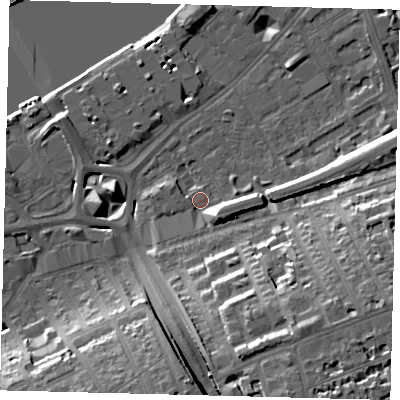 Shaded relief map of the ground around SW112BF, computed from Environment Agency LiDAR. The ground here sits at about 5 m above sea level and falls 21 m across the surrounding 800 m. Surface water reaching this point runs off ground lying to the south-east, 16.4 m higher.