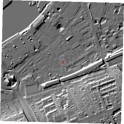 Shaded relief map of the ground around SW112BP, computed from Environment Agency LiDAR. The ground here sits at about 5 m above sea level and falls 20 m across the surrounding 800 m. Surface water reaching this point runs off ground lying to the south-south-east, 6.5 m higher.
