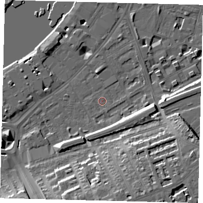 Shaded relief map of the ground around SW112BT, computed from Environment Agency LiDAR. The ground here sits at about 5 m above sea level and falls 20 m across the surrounding 800 m. Surface water reaching this point runs off ground lying to the south-east, 15.0 m higher.