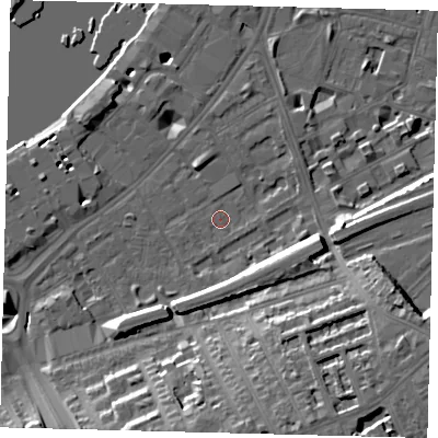 Shaded relief map of the ground around SW112BU, computed from Environment Agency LiDAR. The ground here sits at about 5 m above sea level and falls 20 m across the surrounding 800 m. Surface water reaching this point runs off ground lying to the south-east, 15.0 m higher.
