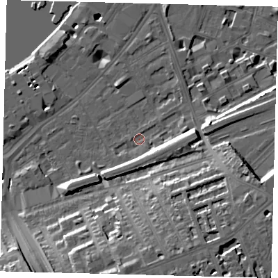 Shaded relief map of the ground around SW112BW, computed from Environment Agency LiDAR. The ground here sits at about 5 m above sea level and falls 20 m across the surrounding 800 m. Surface water reaching this point runs off ground lying to the south-east, 15.2 m higher.