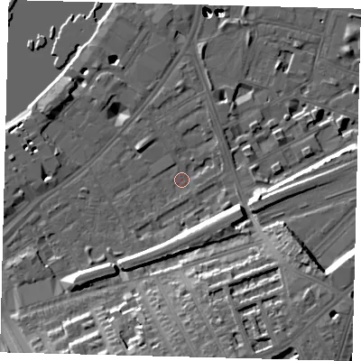 Shaded relief map of the ground around SW112BY, computed from Environment Agency LiDAR. The ground here sits at about 5 m above sea level and falls 56 m across the surrounding 800 m. Surface water reaching this point runs off ground lying to the south-south-east, 15.8 m higher.