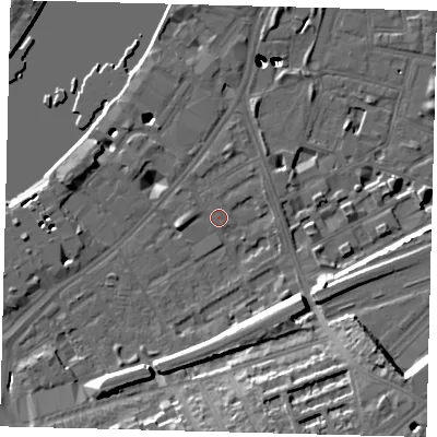 Shaded relief map of the ground around SW112BZ, computed from Environment Agency LiDAR. The ground here sits at about 5 m above sea level and falls 55 m across the surrounding 800 m. Surface water reaching this point runs off ground lying to the south-east, 15.1 m higher.
