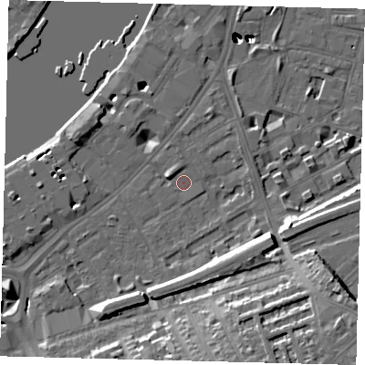 Shaded relief map of the ground around SW112DA, computed from Environment Agency LiDAR. The ground here sits at about 5 m above sea level and falls 55 m across the surrounding 800 m. Surface water reaching this point runs off ground lying to the south-east, 15.0 m higher.