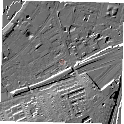 Shaded relief map of the ground around SW112DB, computed from Environment Agency LiDAR. The ground here sits at about 5 m above sea level and falls 37 m across the surrounding 800 m. Surface water reaching this point runs off ground lying to the south-south-east, 15.2 m higher.