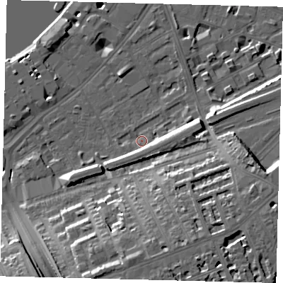 Shaded relief map of the ground around SW112DF, computed from Environment Agency LiDAR. The ground here sits at about 5 m above sea level and falls 21 m across the surrounding 800 m. Surface water reaching this point runs off ground lying to the south-east, 15.2 m higher.