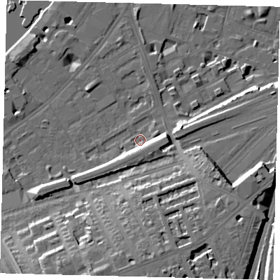 Shaded relief map of the ground around SW112DG, computed from Environment Agency LiDAR. The ground here sits at about 5 m above sea level and falls 20 m across the surrounding 800 m. Surface water reaching this point runs off ground lying to the south-south-east, 15.2 m higher.