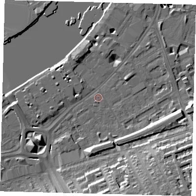 Shaded relief map of the ground around SW112DJ, computed from Environment Agency LiDAR. The ground here sits at about 5 m above sea level and falls 56 m across the surrounding 800 m. Surface water reaching this point runs off ground lying to the east, 8.4 m higher.
