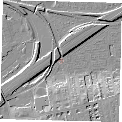 Shaded relief map of the ground around SW112DN, computed from Environment Agency LiDAR. The ground here sits at about 3 m above sea level and falls 19 m across the surrounding 800 m. Surface water reaching this point runs off ground lying to the south-south-east, 16.1 m higher.
