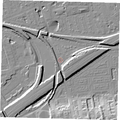 Shaded relief map of the ground around SW112DR, computed from Environment Agency LiDAR. The ground here sits at about 3 m above sea level and falls 18 m across the surrounding 800 m. Surface water reaching this point runs off ground lying to the east-south-east, 7.7 m higher.